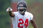 FLOWERY BRANCH, GA - MAY 9: Safety William Moore #24 of the Atlanta Falcons directs the defense during minicamp at the Falcons Complex on May 9, 2009 in Flowery Branch, Georgia. (Paul Abell/Getty Images)