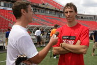 TORONTO - JULY 24: NBA basketball player Steve Nash (R) is interviewed during the MLS All Star Media Game at BMO Field on July 24, 2008 in Toronto, Canada. (Photo by Claus Andersen/Getty Images)