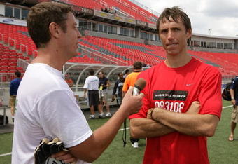 TORONTO - JULY 24:  NBA basketball player Steve Nash (R) is interviewed during the MLS All Star Media Game at BMO Field on July 24, 2008 in Toronto, Canada.  (Photo by Claus Andersen/Getty Images)