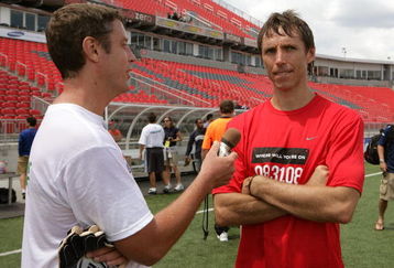 TORONTO - JULY 24:  NBA basketball player Steve Nash (R) is interviewed during the MLS All Star Media Game at BMO Field on July 24, 2008 in Toronto, Canada.  (Photo by Claus Andersen/Getty Images)