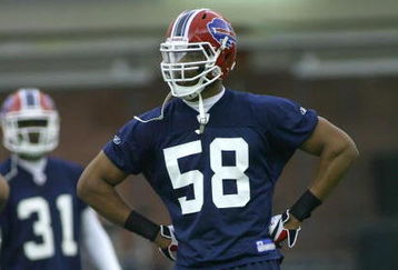 ORCHARD PARK, NY - MAY 01: Aaron Maybin #58, 2009 first round draft pick of the Buffalo Bills waits in between plays during Buffalo Bills minicamp at the Buffalo Bills Fieldhouse on May 1, 2009 in Orchard Park, New York.  (Photo by Rick Stewart/Getty Images)