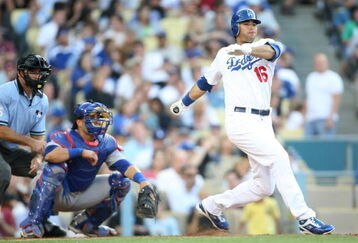 LOS ANGELES, CA - JUNE 08:  Andre Either #16 of the Los Angeles Dodgers grounds out in the 6th inning during the game against the Chicago Cubs at Dodger Stadium on June 8, 2008 in Los Angeles, California. The Cubs defeated the Dodgers 3-1. (Photo by Harry How/Getty Images)