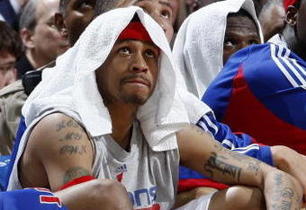 CLEVELAND - FEBRUARY 22: Allen Iverson #1 of the Detroit Pistons looks on from the bench during a loss to the Cleveland Cavaliers on February 22, 2009 at the Quicken Loans Arena in Cleveland, Ohio. Cleveland won the game 99-78. NOTE TO USER: User expressly acknowledges and agrees that, by downloading and or using this photograph, User is consenting to the terms and conditions of the Getty Images License Agreement.  (Photo by Gregory Shamus/Getty Images)