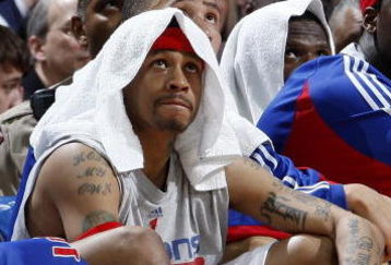 CLEVELAND - FEBRUARY 22: Allen Iverson #1 of the Detroit Pistons looks on from the bench during a loss to the Cleveland Cavaliers on February 22, 2009 at the Quicken Loans Arena in Cleveland, Ohio. Cleveland won the game 99-78. NOTE TO USER: User expressly acknowledges and agrees that, by downloading and or using this photograph, User is consenting to the terms and conditions of the Getty Images License Agreement.  (Photo by Gregory Shamus/Getty Images)