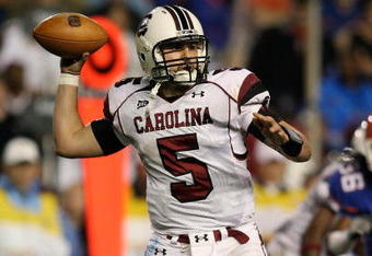 GAINESVILLE, FL - NOVEMBER 15:  Quarterback Stephen Garcia #5 of the South Carolina Gamecocks throws a pass while taking on the Florida Gators at Ben Hill Griffin Stadium on November 15, 2008 in Gainesville, Florida. Florida defeated South Carolina 56-6.  (Photo by Doug Benc/Getty Images)