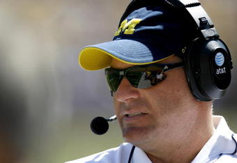 ANN ARBOR, MI - SEPTEMBER 06: Head coach Rich Rodriguez of the Michigan Wolverines looks on while playing the Miami of Ohio Red Hawks on September 6, 2008 at Michigan Stadium in Ann Arbor, Michigan.  (Photo by Gregory Shamus/Getty Images)