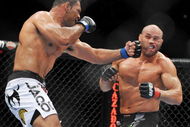 PORTLAND, OR - AUGUST 29: UFC fighter Antonio Nogueira (L) battles UFC fighter Randy Couture (R) during their Heavyweight bout at UFC 102: Couture vs. Nogueira at the Rose Garden Arena on August 29, 2009 in Portland, Oregon. (Photo by Jon Kopaloff/Getty Images)