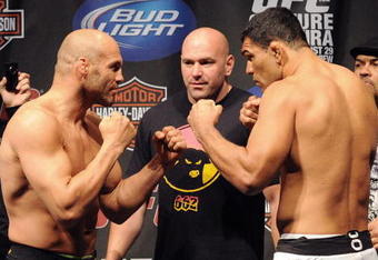 PORTLAND, OR - AUGUST 28: UFC heavyweight fighter Randy Couture squares off with UFC heavyweight fighter Antonio Rodrigo Nogueira at the UFC 102: Couture vs. Nogueira Weigh-In at the Rose Garden Arena on August 28, 2009 in Portland, Oregon. (Photo by Jon Kopaloff/Getty Images)