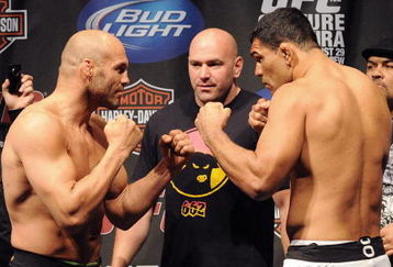 PORTLAND, OR - AUGUST 28: UFC heavyweight fighter Randy Couture squares off with UFC heavyweight fighter Antonio Rodrigo Nogueira at the UFC 102: Couture vs. Nogueira Weigh-In at the Rose Garden Arena on August 28, 2009 in Portland, Oregon. (Photo by Jon Kopaloff/Getty Images)