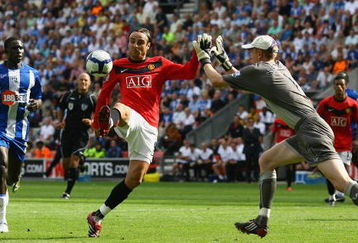 WIGAN, ENGLAND - AUGUST 22:  Dimitar Berbatov of Manchester United chips the ball over Chris Kirkland of Wigan Athletic on his way to scoring the second goal during the Barclays Premier League match between Wigan Athletic and Manchester United at the DW Stadium on August 22, 2009 in Wigan, England.  (Photo by Alex Livesey/Getty Images)