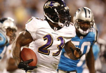 CHARLOTTE, NC - AUGUST 29: Runnng back Willis McGahee #23 of the Baltimore Ravens rushes against the Carolina Panthers during their preseason game at Bank of America Stadium on August 29, 2009 in Charlotte, North Carolina. (Photo by Streeter Lecka/Getty Images)
