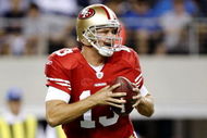 DALLAS - AUGUST 29:  Shaun Hill #13 of the San Francisco 49ers drops back to pass during the preseason game against the Dallas Cowboys at Cowboys Stadium on August 29, 2009 in Dallas, Texas.  (Photo by Ronald Martinez/Getty Images)