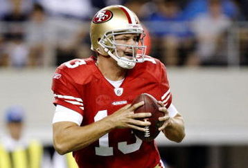 DALLAS - AUGUST 29:  Shaun Hill #13 of the San Francisco 49ers drops back to pass during the preseason game against the Dallas Cowboys at Cowboys Stadium on August 29, 2009 in Dallas, Texas.  (Photo by Ronald Martinez/Getty Images)