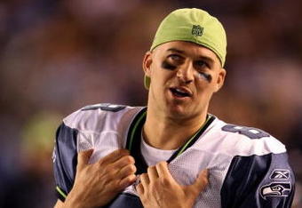 SAN DIEGO - AUGUST 15:  Quarterback Matt Hasselbeck #8 of the Seattle Seahawks on the sidelines during the game with the San Diego Chargers on August 15, 2009 at Qualcomm Stadium in San Diego, California.   The Seahawks won 20-17.  (Photo by Stephen Dunn/Getty Images)