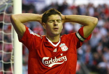 LIVERPOOL, ENGLAND - AUGUST 24:  Steven Gerrard of Liverpool shows his frustration during the Barclays Premier League match between Liverpool and Aston Villa at Anfield on August 24, 2009 in Liverpool, England.  (Photo by Alex Livesey/Getty Images)
