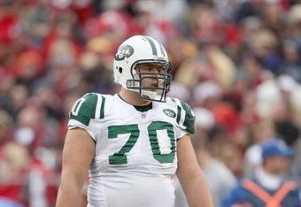 SAN FRANCISCO - DECEMBER 07:  Mike Devito #70 of the New York Jets stands on the field against the San Francisco 49ers during an NFL game on December 7, 2008 at Candlestick Park in San Francisco, California. (Photo by Jed Jacobsohn/Getty Images)