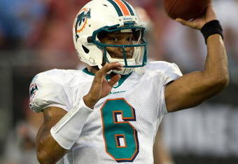 TAMPA, FL - AUGUST 27:  Quarterback Pat White #6 of the Miami Dolphins throws a pass during pregame against the Tampa Bay Buccaneers at Raymond James Stadium on August 27, 2009 in Tampa, Florida.  (Photo by J. Meric/Getty Images)