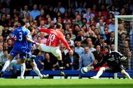 LONDON - APRIL 26:  Wayne rooney of Manchester United (10) shoots past Petr Cech of Chelsea to score their first gosl during the Barclays Premier League match between Chelsea and Manchester United at Stamford Bridge on April 26, 2008 in London, England.  (Photo by Shaun Botterill/Getty Images)