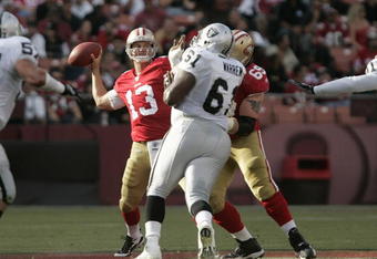 SAN FRANCISCO - AUGUST 22:  San Francisco 49ers quarterback Shaun Hill #13 passes the ball in the 2nd quarter as the San Francisco 49ers host the Oakland Raiders at Candlestick Park August 22, 2009 in San Francisco, California.  (Photo by David Paul Morris/Getty Images)