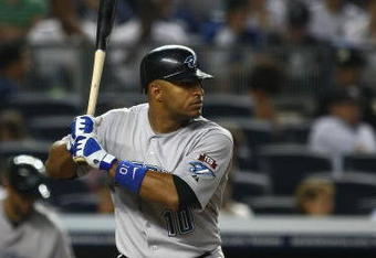 NEW YORK - AUGUST 10: Vernon Wells #10 of the Toronto Blue Jays bats against the New York Yankees during their game on August 10, 2009 at Yankee Stadium in the Bronx borough of New York City.  (Photo by Chris McGrath/Getty Images)