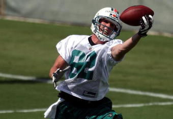 DAVIE, FL - MAY 02:  Rookie wide receiver Brian Hartline #82 of the Miami Dolphins catches a ball during mini camp on May 2, 2009 at the Miami Dolphins Training facility in Davie, Florida.  (Photo by Marc Serota/Getty Images)