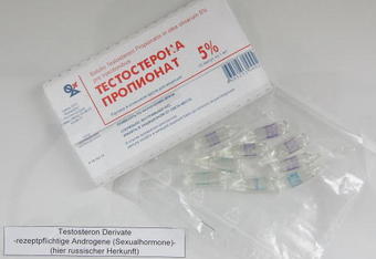 BERLIN - AUGUST 29:  Samples of testosterone and other anabolic steroids, confiscated in a police bust earlier in the day, stand on display at police headquarters August 29, 2006 in Berlin, Germany. Police in the German states of Berlin, Lower Saxony and Brandenburg as well as in Poland searched a total of 45 residences and athletic studios and made 8 arrests in what appears to be a gang specialized in the illegal trade of anabolic steroids. Police said hundreds of people, mostly weightlifting enthusiasts in Germany, are thought to have to have bought steroids from the gang, who smuggled the substances into Germany from countries including Thailand, Poland and Russia.  (Photo by Sean Gallup/Getty Images)