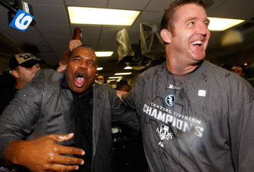CHICAGO - SEPTEMBER 30:  (L-R)  General manager Kenny Williams and Jim Thome #25 of the Chicago White Sox celebrate in the locker room against the Minnesota Twins during the American League Central Division Tiebreaker game at U.S. Cellular Field on September 30, 2008 in Chicago, Illinois.  (Photo by Jamie Squire/Getty Images)