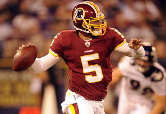 BALTIMORE, MD - AUGUST 13:  Colt Brennan #5 of the Washington Redskins throws a pass during a NFL preseason football game against the Baltimore Ravens on August 13, 2009 at M & T Bank Stadium in Baltimore, Maryland.   (Photo by Mitchell Layton/Getty Images)