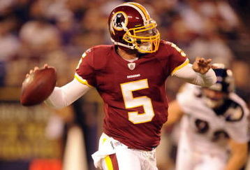 BALTIMORE, MD - AUGUST 13:  Colt Brennan #5 of the Washington Redskins throws a pass during a NFL preseason football game against the Baltimore Ravens on August 13, 2009 at M & T Bank Stadium in Baltimore, Maryland.   (Photo by Mitchell Layton/Getty Images)