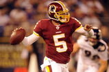 BALTIMORE, MD - AUGUST 13:  Colt Brennan #5 of the Washington Redskins throws a pass during a NFL preseason football game against the Baltimore Ravens on August 13, 2009 at M & T Bank Stadium in Baltimore, Maryland.   (Photo by Mitchell Layton/Getty Images)