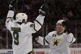 NEW YORK - OCTOBER 20:  Mike Modano #9 and Mark Fistric #28 of the Dallas Stars celebrate Modano's game-winning goal at 8:03 of the third period against the New York Rangers on October 20, 2008 at Madison Square Garden in New York City. The Stars defeated the Rangers 2-1. (Photo by Bruce Bennett/Getty Images)