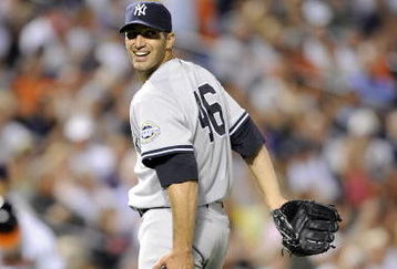 BALTIMORE - AUGUST 31:  Andy Pettitte #46 of the New York Yankees grabs his leg as his walks off the field after the eighth inning against the Baltimore Orioles on August 31, 2009 at Camden Yards in Baltimore, Maryland.  (Photo by Greg Fiume/Getty Images)