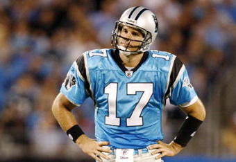 CHARLOTTE, NC - AUGUST 29: Quarterback Jake Delhomme #17 of the Carolina Panthers stands on the field during their game against the Baltimore Ravens at Bank of America Stadium on August 29, 2009 in Charlotte, North Carolina. (Photo by Streeter Lecka/Getty Images)