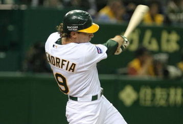 TOKYO - MARCH 26:  Outfielder Chris Denorfia #19 of Oakland Athletics bats during MLB Opening Series between Boston Red Sox and Oakland Athletics at Tokyo Dome on March 26, 2008 in Tokyo, Japan.  (Photo by Koichi Kamoshida/Getty Images)