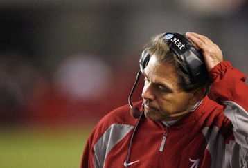 TUSCALOOSA, AL - NOVEMBER 15:  Head coach Nick Saban of the Alabama Crimson Tide reacts during the game against the Mississippi State Bulldogs at Bryant-Denny Stadium on November 15, 2008 in Tuscaloosa, Alabama.  (Photo by Kevin C. Cox/Getty Images)