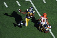 EAST RUTHERFORD, NJ - OCTOBER 12:  David Harris #52 of the New York Jets almost makes an interception as T.J. Houshmandzadeh #84 of the Cincinnati Bengals falls over Drew Coleman #30 during their game on October 12, 2008 at Giants Stadium in East Rutherford, New Jersey.  (Photo by Al Bello/Getty Images)