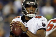 NASHVILLE, TN - AUGUST 15: Josh Freeman #5 of the Tampa Bay Buccaneers looks to pass against the Tennessee Titans during a preseason NFL game at LP Field on August 15, 2009 in Nashville, Tennessee. The Titans beat the Buccaneers 27-20. (Photo by Joe Murphy/Getty Images) 