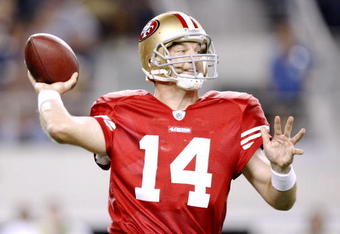 DALLAS - AUGUST 29:  Damon Huard #14 of the San Francisco 49ers thwows a pass during the preseason game against the Dallas Cowboys at Cowboys Stadium on August 29, 2009 in Dallas, Texas.  (Photo by Ronald Martinez/Getty Images)