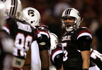 COLUMBIA, SC - NOVEMBER 01:  Stephen Garcia #5 of the South Carolina Gamecocks yells to his team against the Tennessee Volunteers during their game at Williams-Brice Stadium on November 1, 2008 in Columbia, South Carolina.  (Photo by Streeter Lecka/Getty Images)