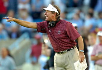 CHAPEL HILL, NC - OCTOBER 13:  Coach Steve Spurrier of the South Carolina Gamecocks calls instructions against the North Carolina Tar Heels at Kenan Stadium October 13, 2007 in Chapel Hill, North Carolina. South Carolina won 21-15.  (Photo by Grant Halverson/Getty Images)