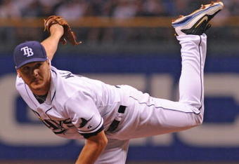 ST. PETERSBURG, FL - APRIL 13: Pitcher Scott Kazmir #19 of the Tampa Bay Rays starts against the New York Yankees on April 13, 2009 at Tropicana Field  in St. Petersburg, Florida.  (Photo by Al Messerschmidt/Getty Images) 