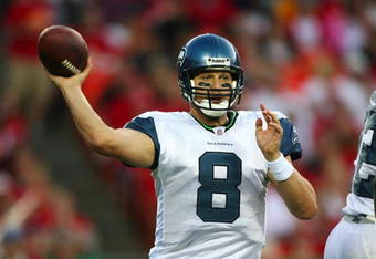 KANSAS CITY, MO - AUGUST 29: Quarterback Matt Hasselbeck #8 of the Seattle Seahawks throws a pass against the Kansas City Chiefs during their preseason game at Arrowhead Stadium on August 29, 2009 in Kansas City, Missouri. (Photo by Dilip Vishwanat/Getty Images)
