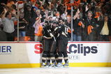 ANAHEIM, CA - MAY 07:  (L) Corey Perry #10 of the Anaheim Ducks celebrates his goal with teammates (C) Bobby Ryan #9 and (R) Ryan Getzlaf #15 in Game Four of the Western Conference Semifinals against the Detroit Red Wings at Honda Center on May 7, 2009 in Anaheim, California.  The Red Wings won 6-3.  (Photo by Harry How/Getty Images)