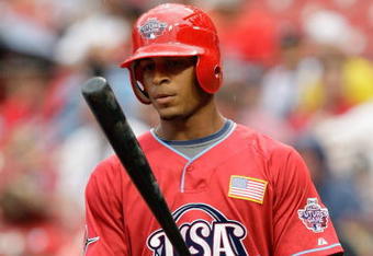 ST. LOUIS, MO - JULY 12: U.S. Futures All-Star Desmond Jennings of the Tampa Bay Rays stands at the plate during the 2009 XM All-Star Futures Game at Busch Stadium on July 12, 2009 in St. Louis, Missouri. (Photo by Jamie Squire/Getty Images)
