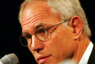 LOS ANGELES - JULY 10:  Mitch Kupchak, general manager of the Los Angeles Lakers takes questions from the the media during a press conference announcing Rudy Tomjanovich as the new head coach on July 10, 2004 at the Staples Center in Los Angeles, California.  (Photo by Ronald Martinez/Getty Images) 