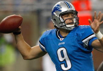 DETROIT, MI - AUGUST 15: Quarterback Matthew Stafford #9 of the Detroit Lions passes the football against the Atlanta Falcons at Ford Field on August 15, 2009 in Detroit, Michigan. The Lions defeated the Falcons 27-26. (Photo by Scott Boehm/Getty Images)