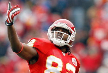 KANSAS CITY, MO - DECEMBER 14:  Dwayne Bowe #82 of the Kansas City Chiefs reacts to video replay of a Tony Gonzalez touchdown against the San Diego Chargers of during the first quarter on December 14, 2008 at Arrowhead Stadium in Kansas City, Missouri.  (Photo by Harry How/Getty Images)
