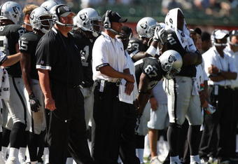 OAKLAND, CA - AUGUST 29:  Head coach Tom Cable of the Oakland Raiders looks on against the New Orleans Saints during an NFL preseason game at Oakland-Alameda County Coliseum on August 29, 2009 in Oakland, California.  (Photo by Jed Jacobsohn/Getty Images)
