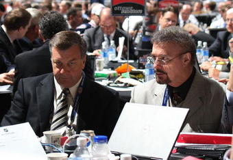 MONTREAL, QC - JUNE 27: Don Waddell and Rick Dudley of the Atlanta Thrashers photographed during the 2009 NHL Entry Draft at the Bell Centre on June 27, 2009 in Montreal, Quebec, Canada.  (Photo by Bruce Bennett/Getty Images)