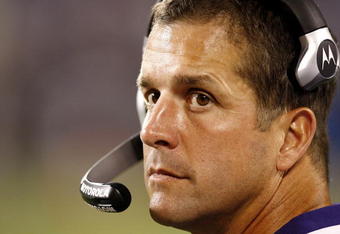 CHARLOTTE, NC - AUGUST 29: John Harbaugh, head coach of the Baltimore Ravens looks on from the sidelines during their preseason game against the Carolina Panthers at Bank of America Stadium on August 29, 2009 in Charlotte, North Carolina. (Photo by Streeter Lecka/Getty Images)